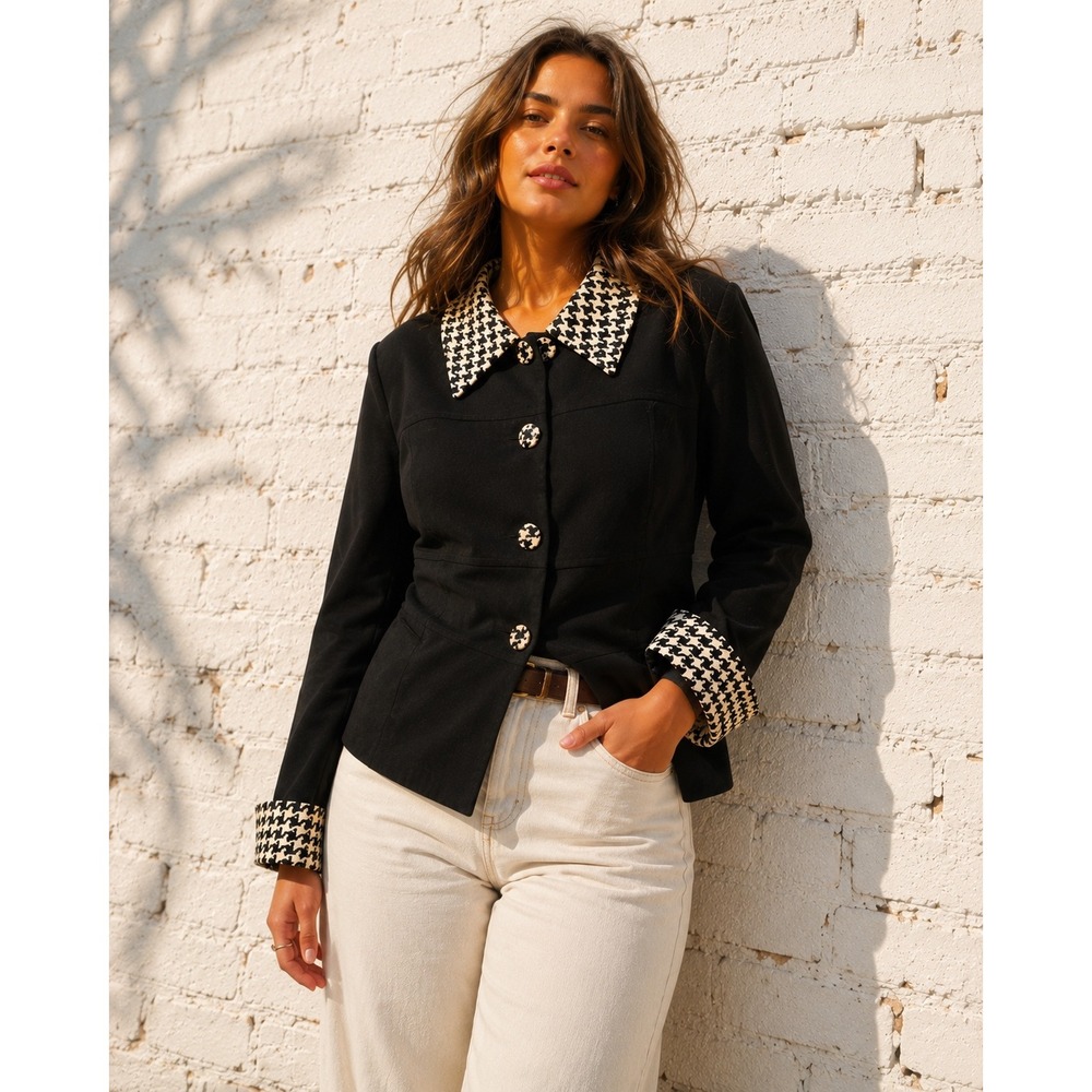 Vintage R&K Originals Black Faux Suede Houndstooth Trim Jacket Blazer Mod 14
